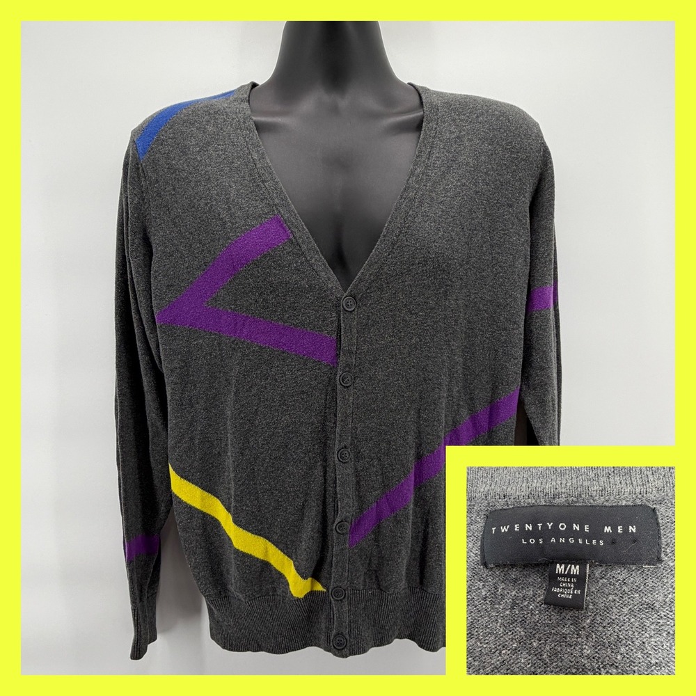 21MEN Geometric Cardigan Sweater Mens Medium Retro 80s Style‎ Gray Purple Knit